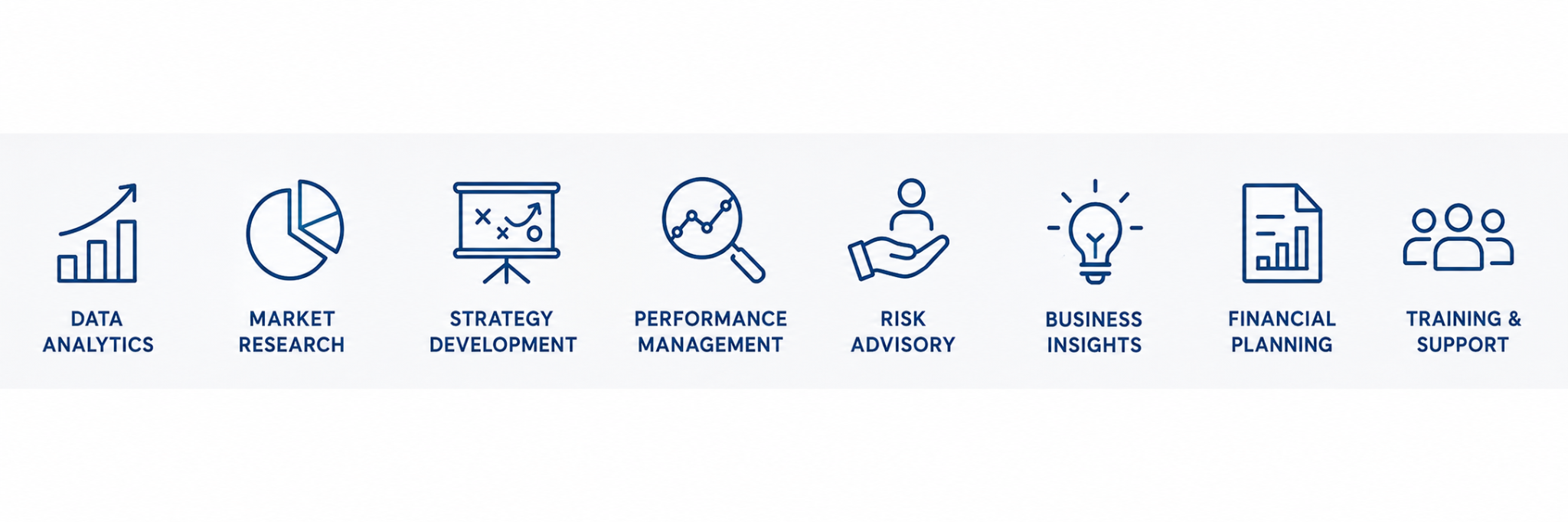 Data Analytics · Market Research · Strategy Development · Performance Management · Risk Advisory · Business Insights · Financial Planning · Training & Support