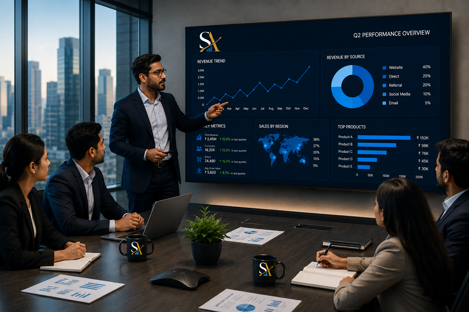 Palash R Pandya presenting Strativo Advisory business analytics dashboard to a client team